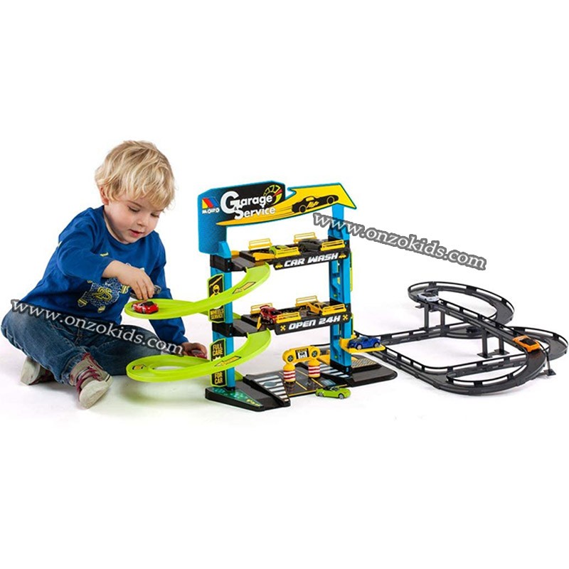 Circuit et garage 3 étages + Pistes de course avec 5 voitures | MOLTO