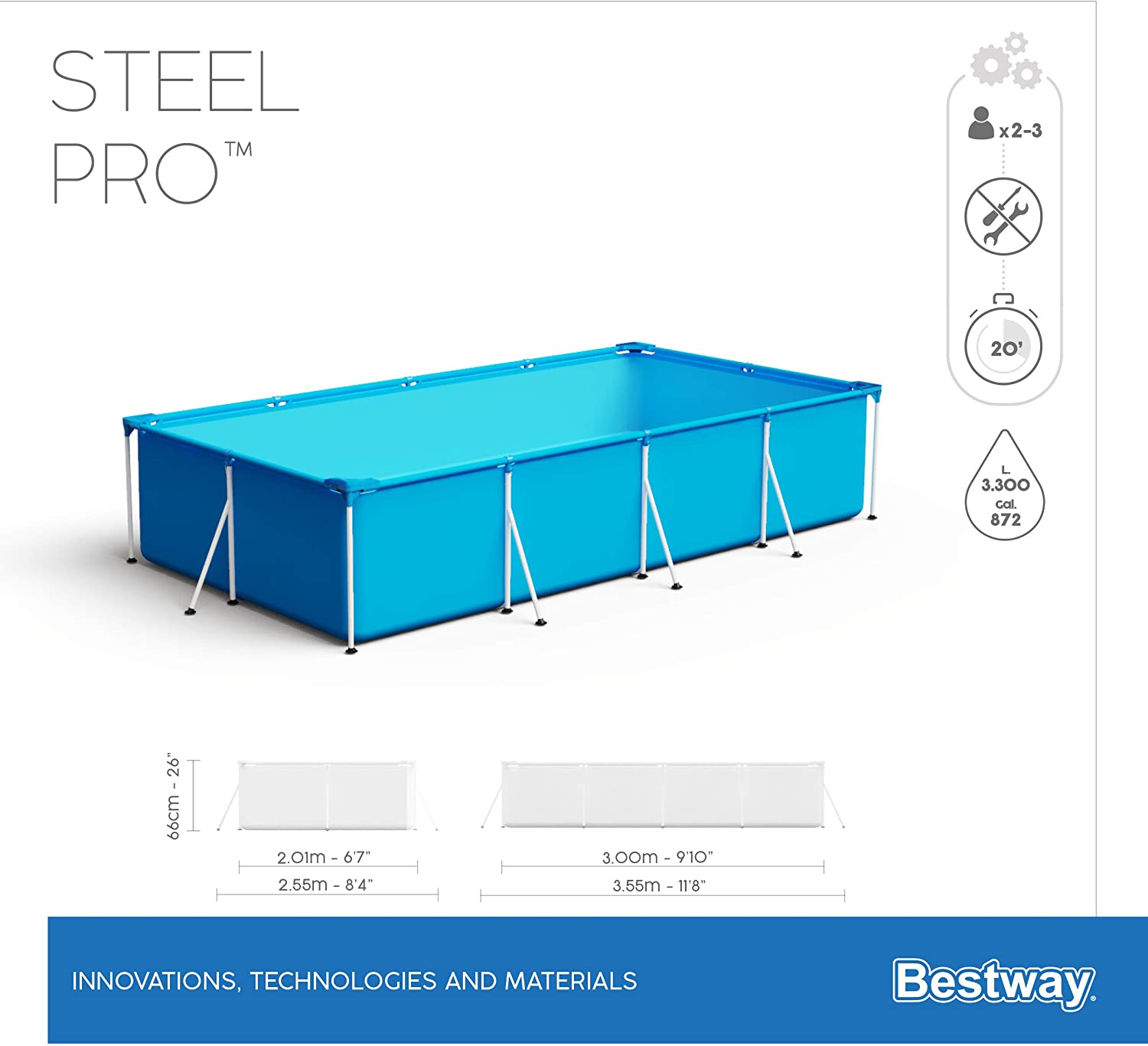 Piscine rectangulaire Steel Pro avec pompe de filtration 300 x 201 x 66 cm -Bestway – Image 11