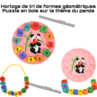 Horloge de tri de formes géométriques | Puzzle en bois sur le thème du panda pour enfants de 3 ans et plus
