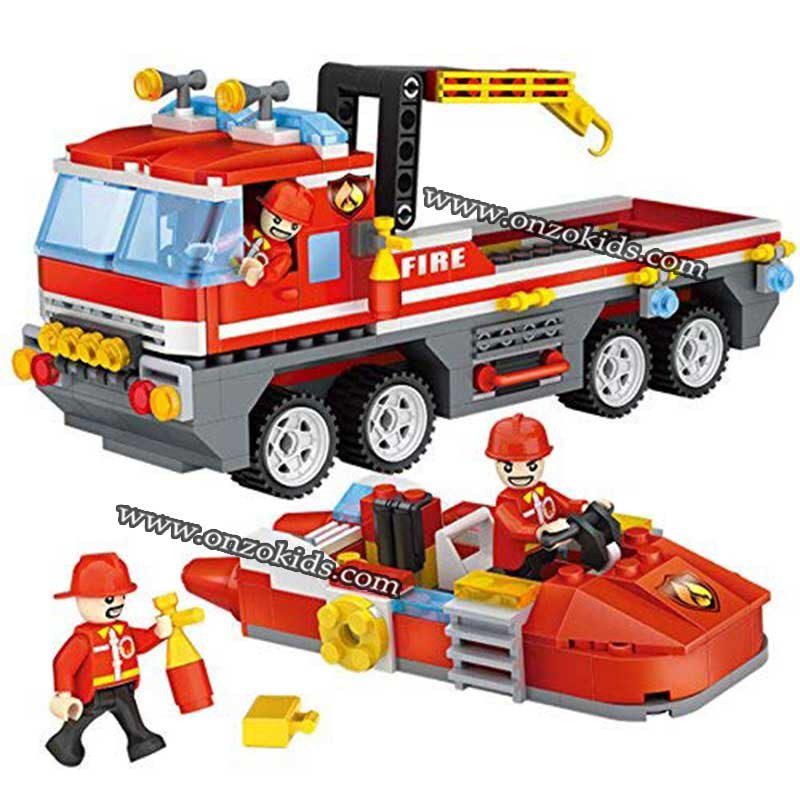 Jeu de construction 354 piéces | Camion et bateau de secours incendie - Cogo