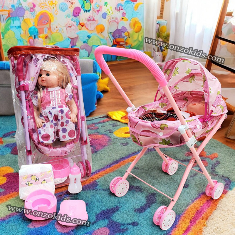 Poupée avec poussette landau et accessoires