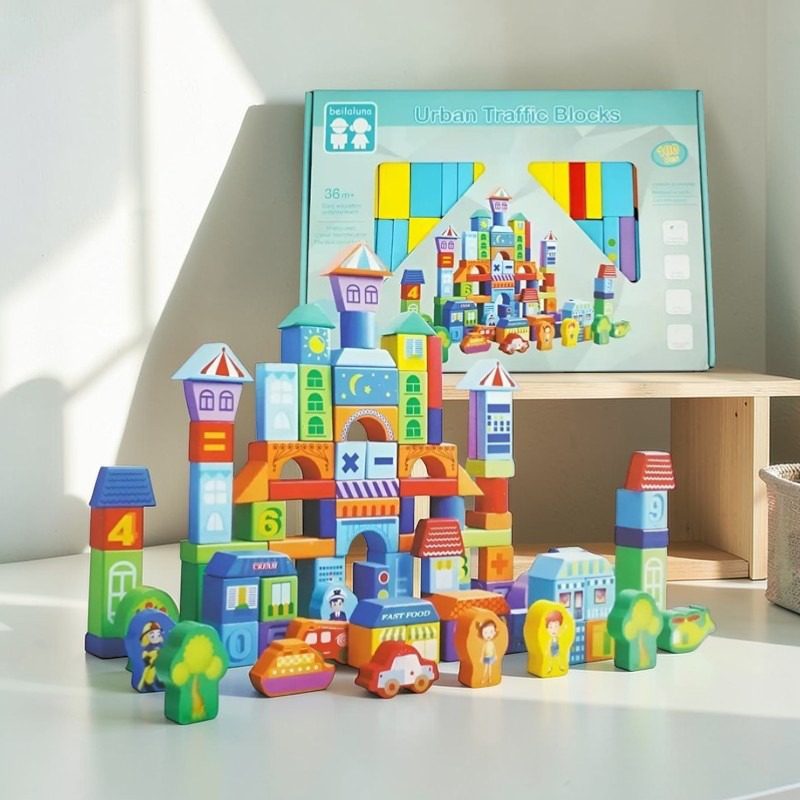 Blocs de Construction Urban Traffic – 100 Pièces En Bois