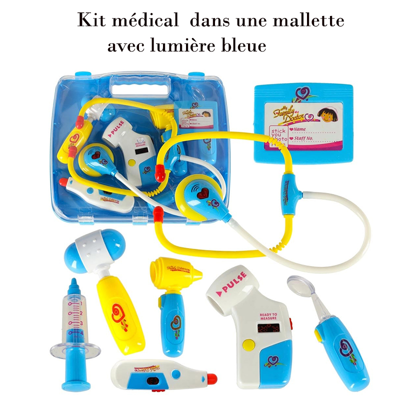 Kit médical pour enfants dans une mallette avec lumière bleue
