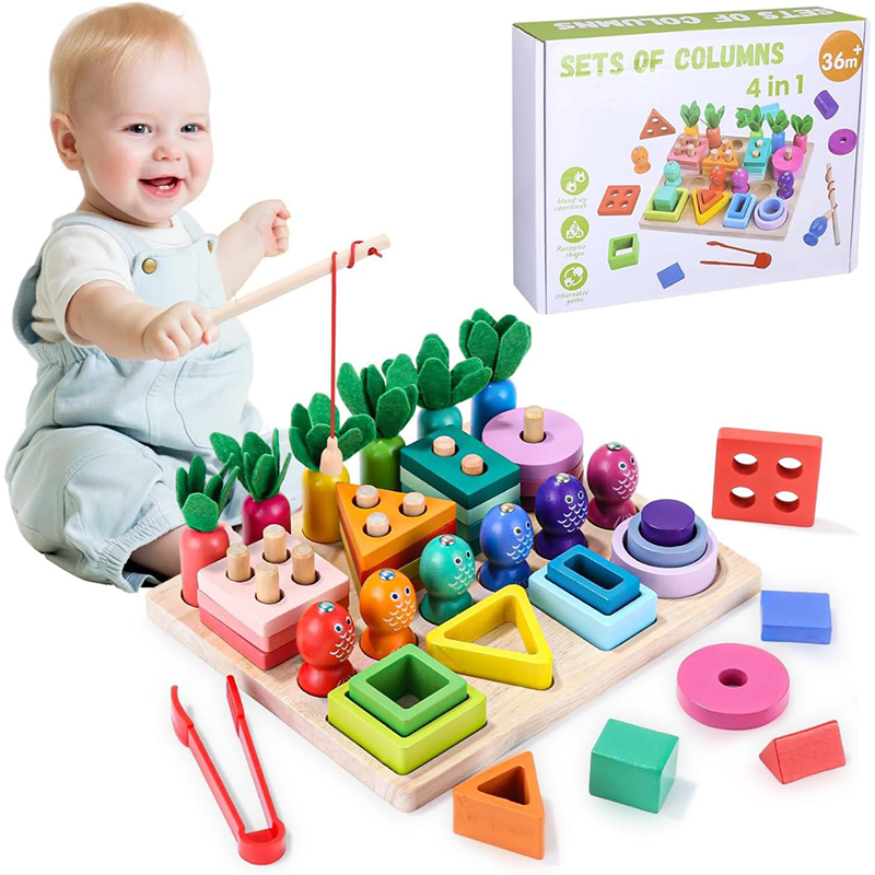 Jouet éducatif en bois 4 en 1 pour enfants – Apprentissage des formes et des couleurs