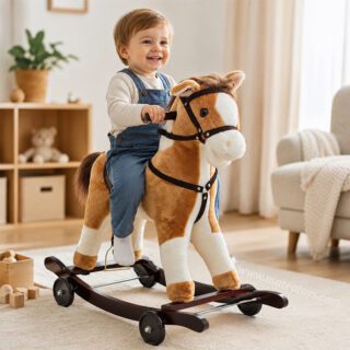 Cheval à Bascule avec roues en Bois et Peluche pour Enfant