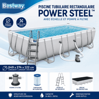 Piscine tubulaire rectangulaire Power Steel™ avec échelle et pompe à filtre 549x274x122 cm - Bestway
