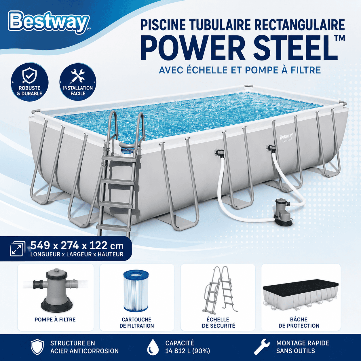 Piscine tubulaire rectangulaire Power Steel™ avec échelle et pompe à filtre 549x274x122 cm - Bestway